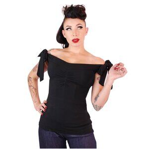 Pinky Pinups 1950's Vintage Style Black Shoulder Bow Top Size L